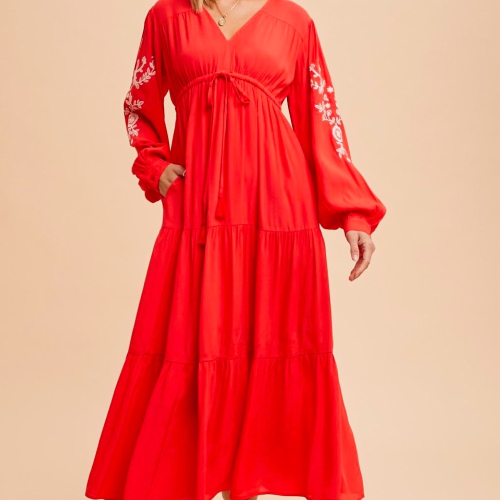 Orange/Red V-Neck Long Sleeve Embroidered Sundress New tic Toc